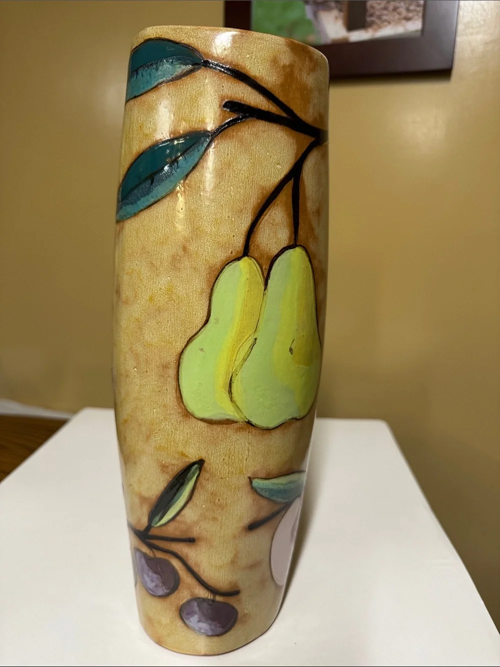 Butter + Toast Leaf Line Hand-Painted Fruit Motif Pottery Vase 13 3/8” tall 1992